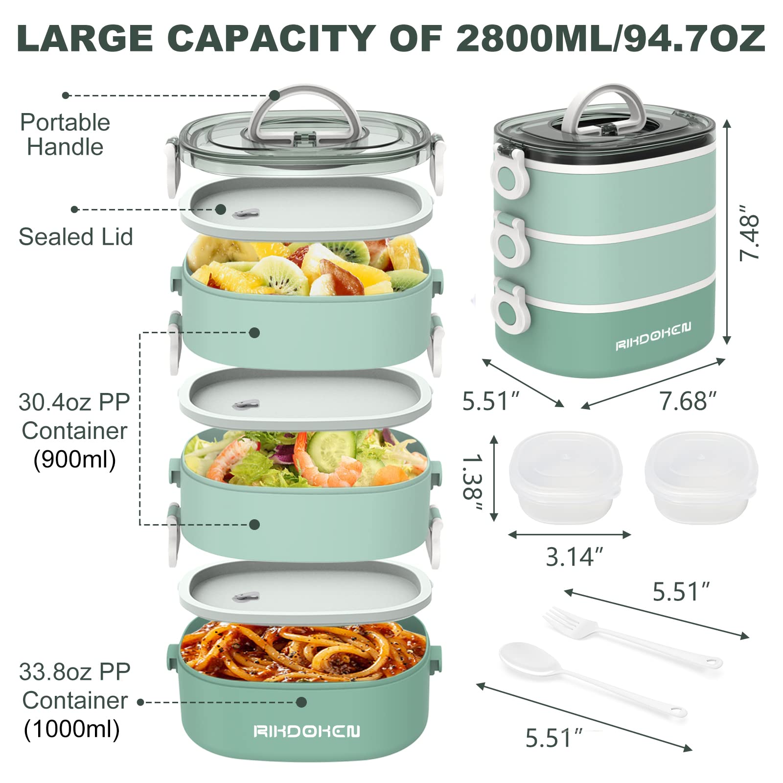 RIKDOKEN lunch box shows large capacity 94oz suitable for adults' meals on the go.