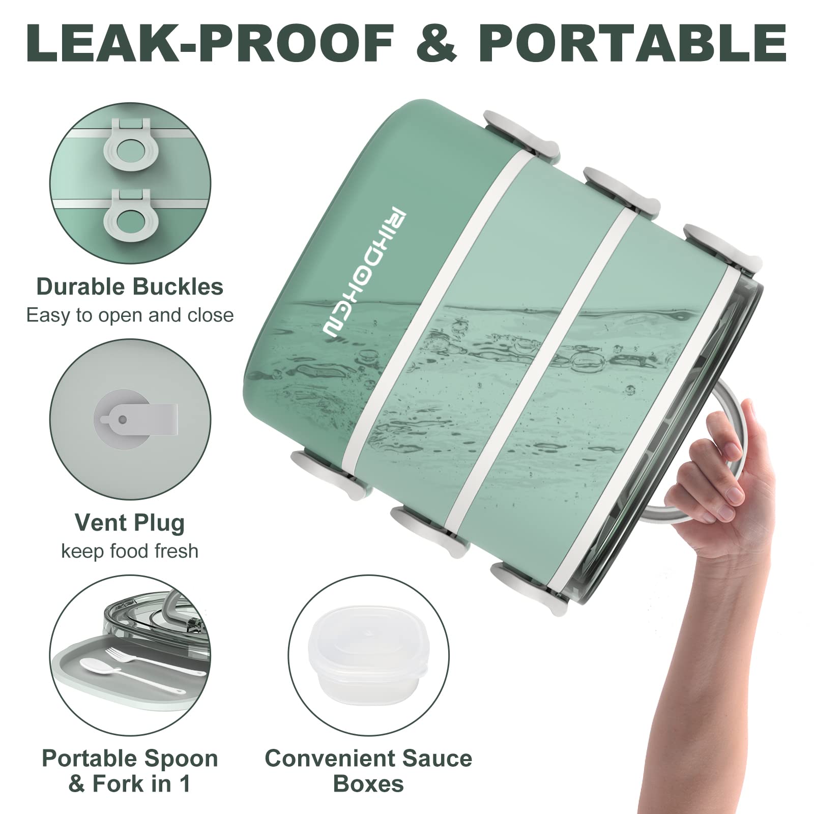 RIKDOKEN lunch box leak-proof layers to prevent spills in bags.