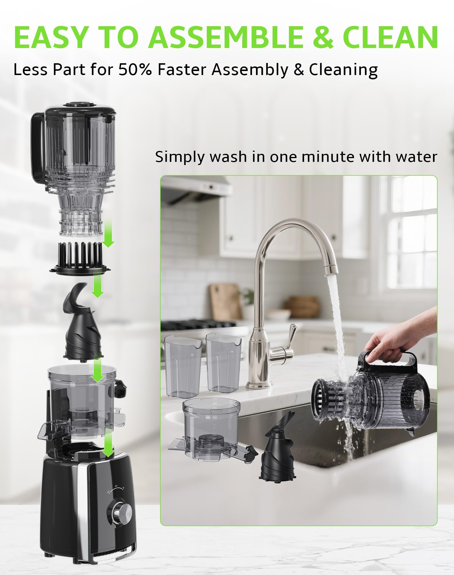 Rilara easy clean design enables fast kitchen cleanup after juicing.