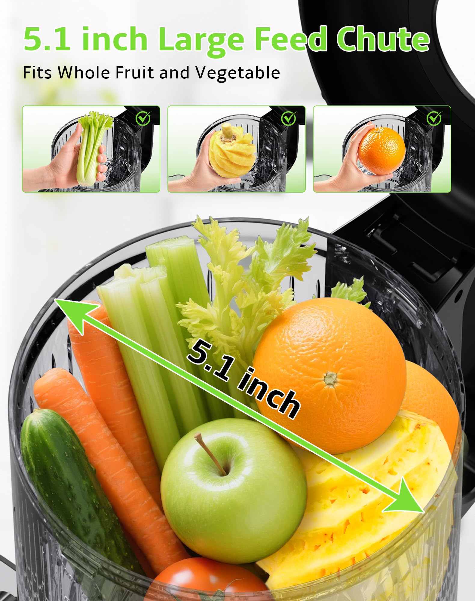 Rilara cold press juicer pours fresh juice from whole produce.