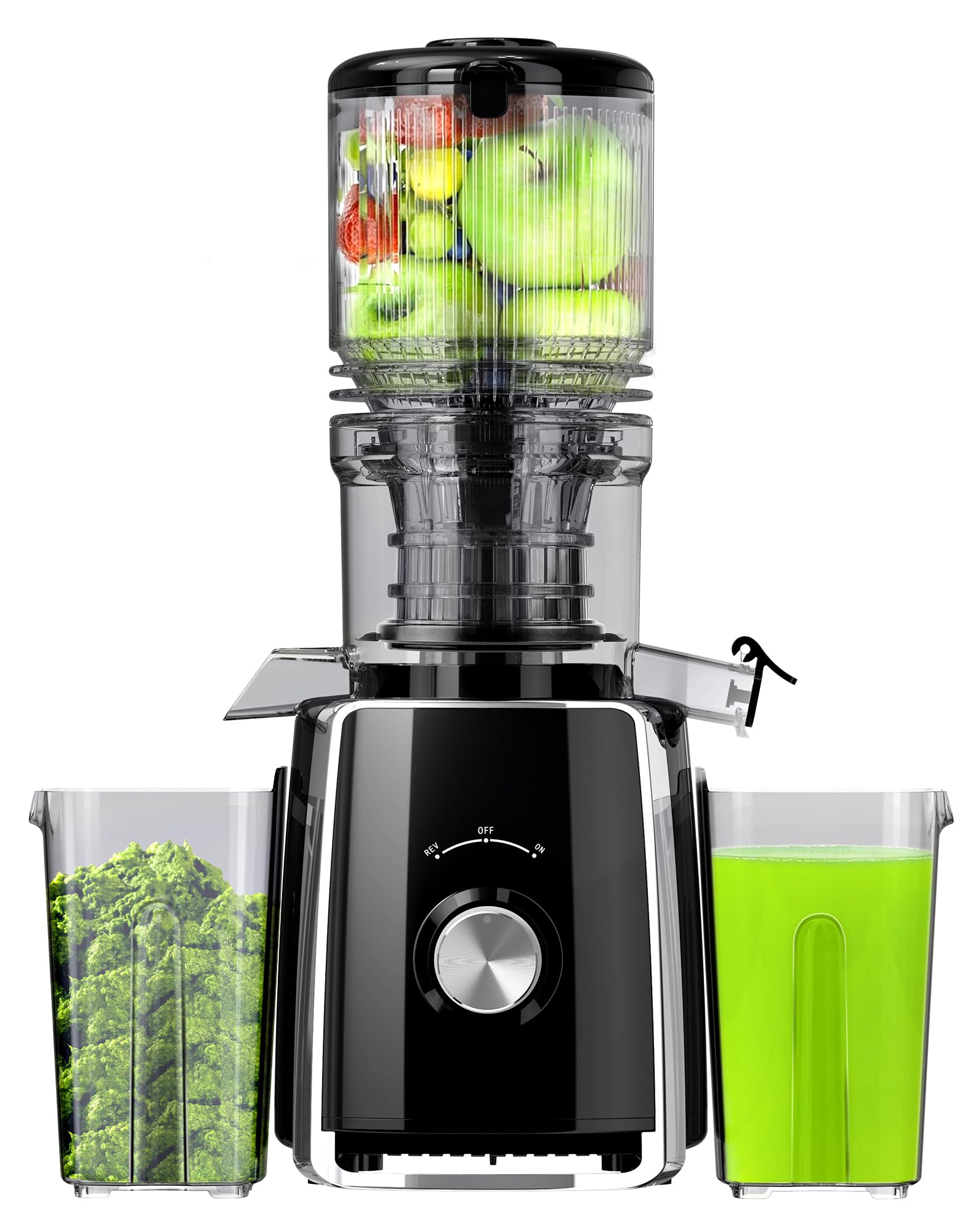 Rilara cold press juicer wide chute enables whole fruit juicing for convenience.