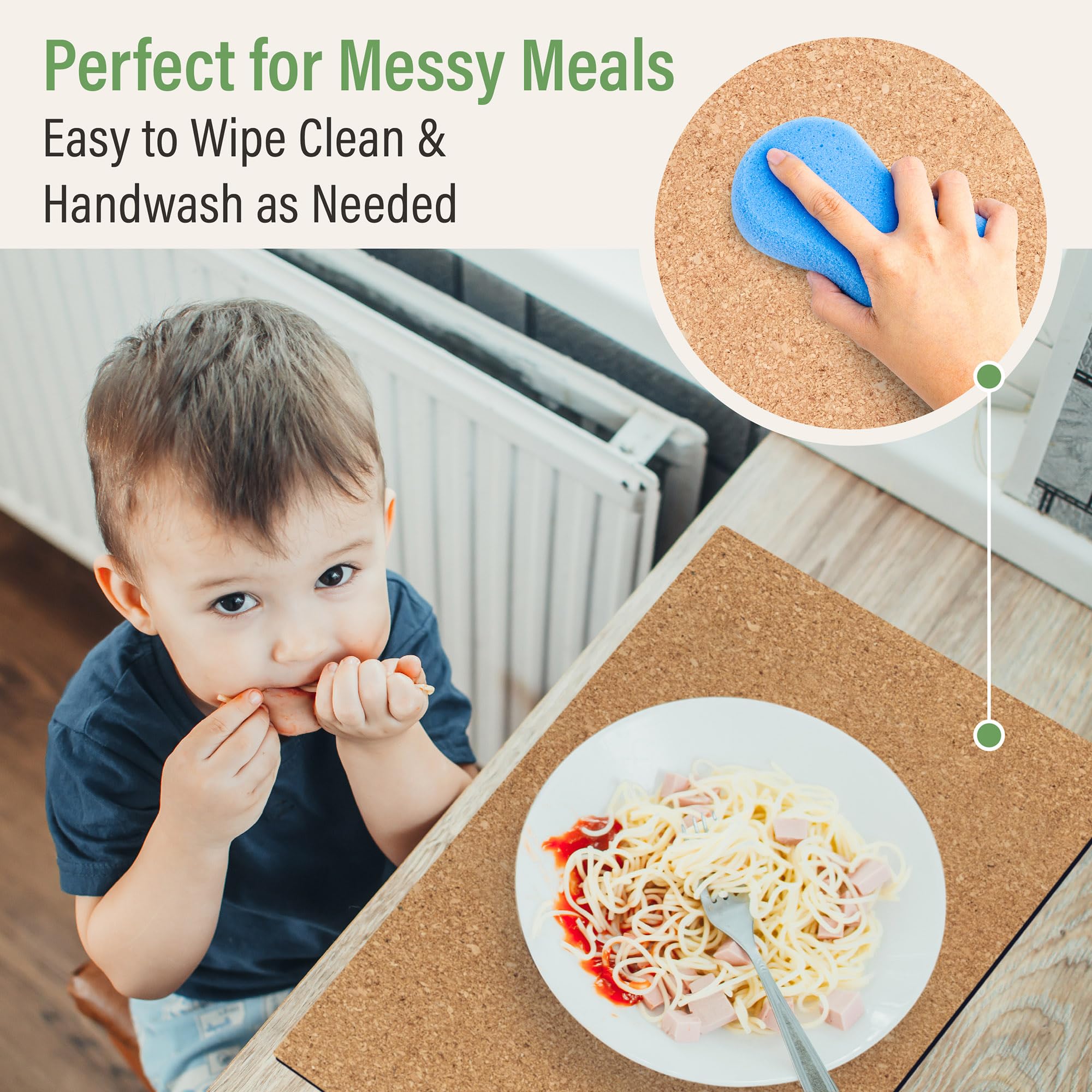 RIMONA'S easy-clean cork placemats wipe away crumbs and stains.