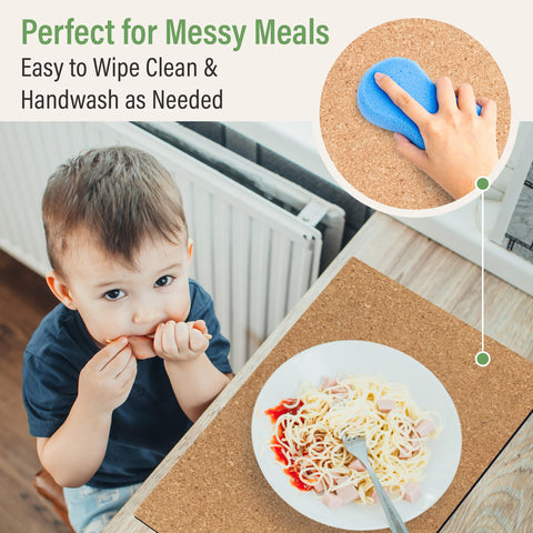 RIMONA'S easy-clean cork placemats wipe away crumbs and stains.