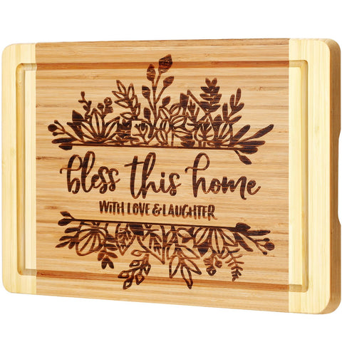 Ringshine Bless This Home cutting board front view for decor and prep.