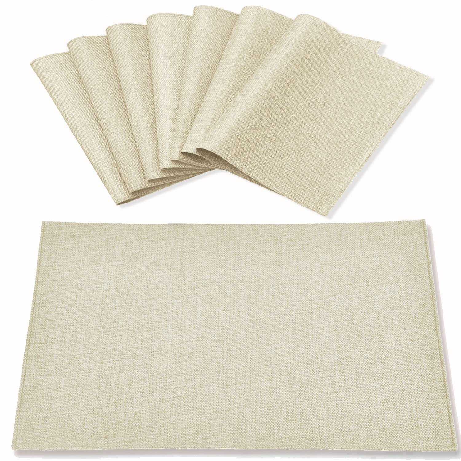 Rinpon beige cloth placemats with linen-look finish protect the table from heat and spills.