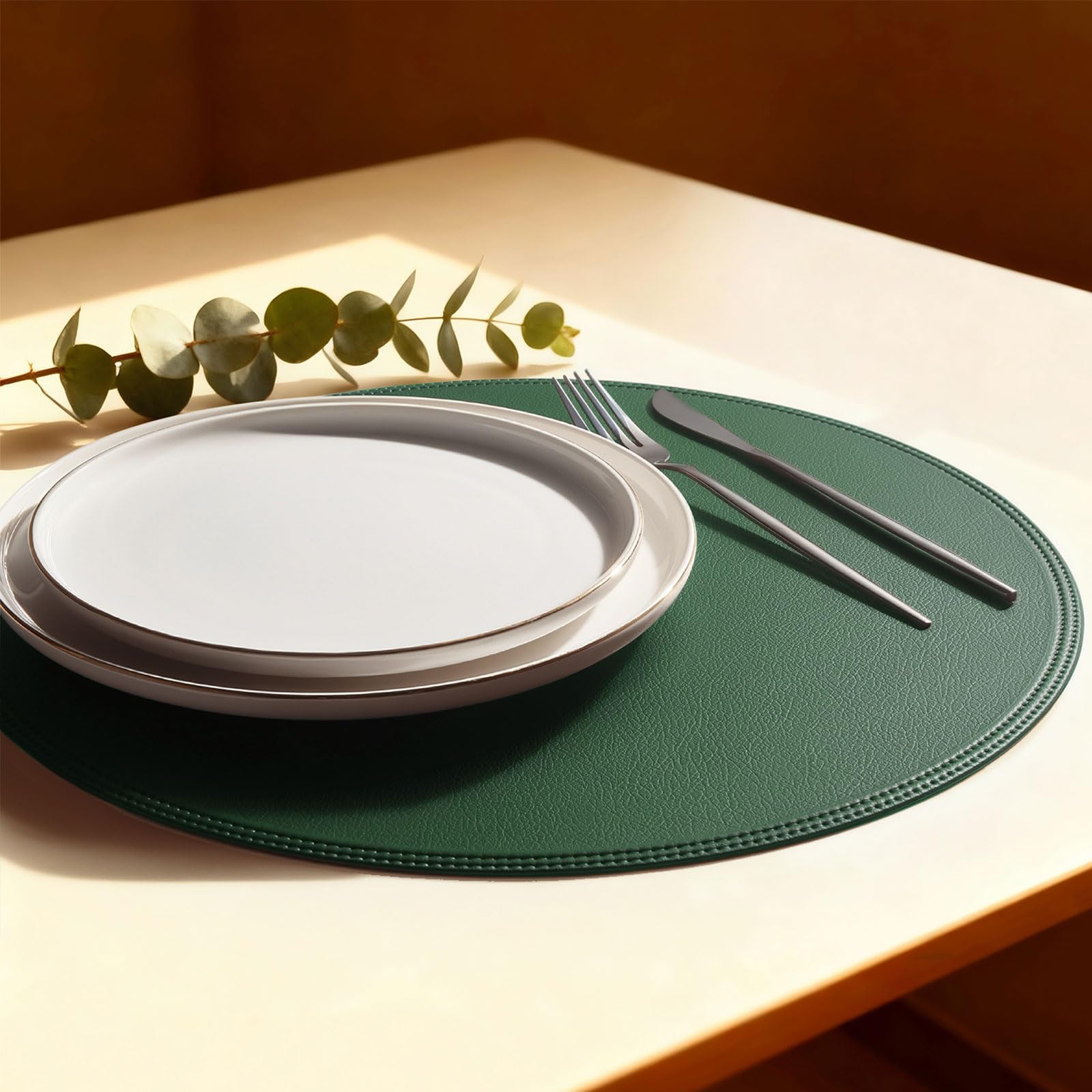 Rinpon round green placemats on table showing protective, wipeable surface