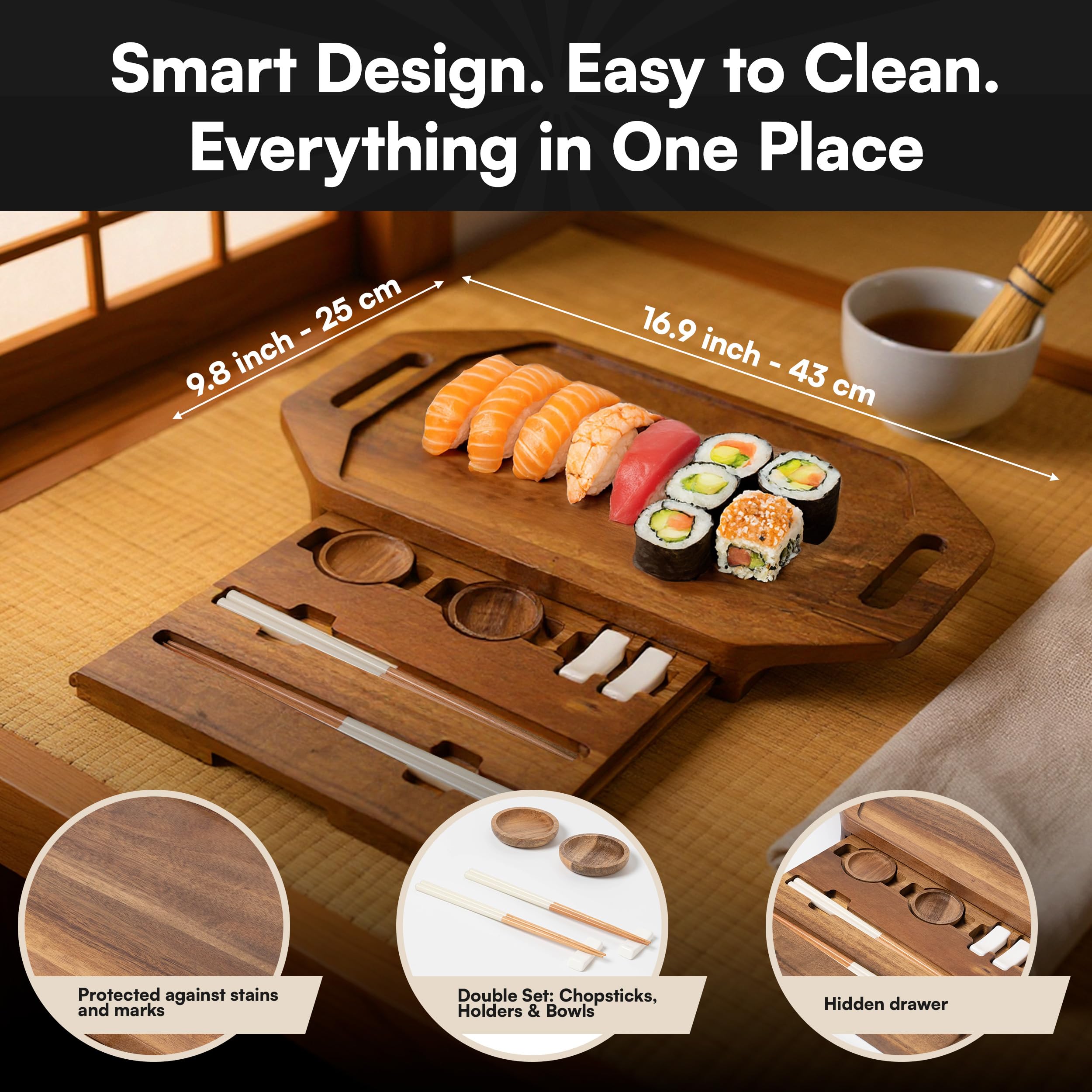 RIQMU acacia wood sushi tray showing natural grain and sturdy build