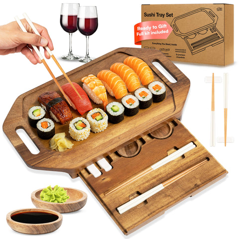 RIQMU sushi tray for two with hidden drawer and organized accessories