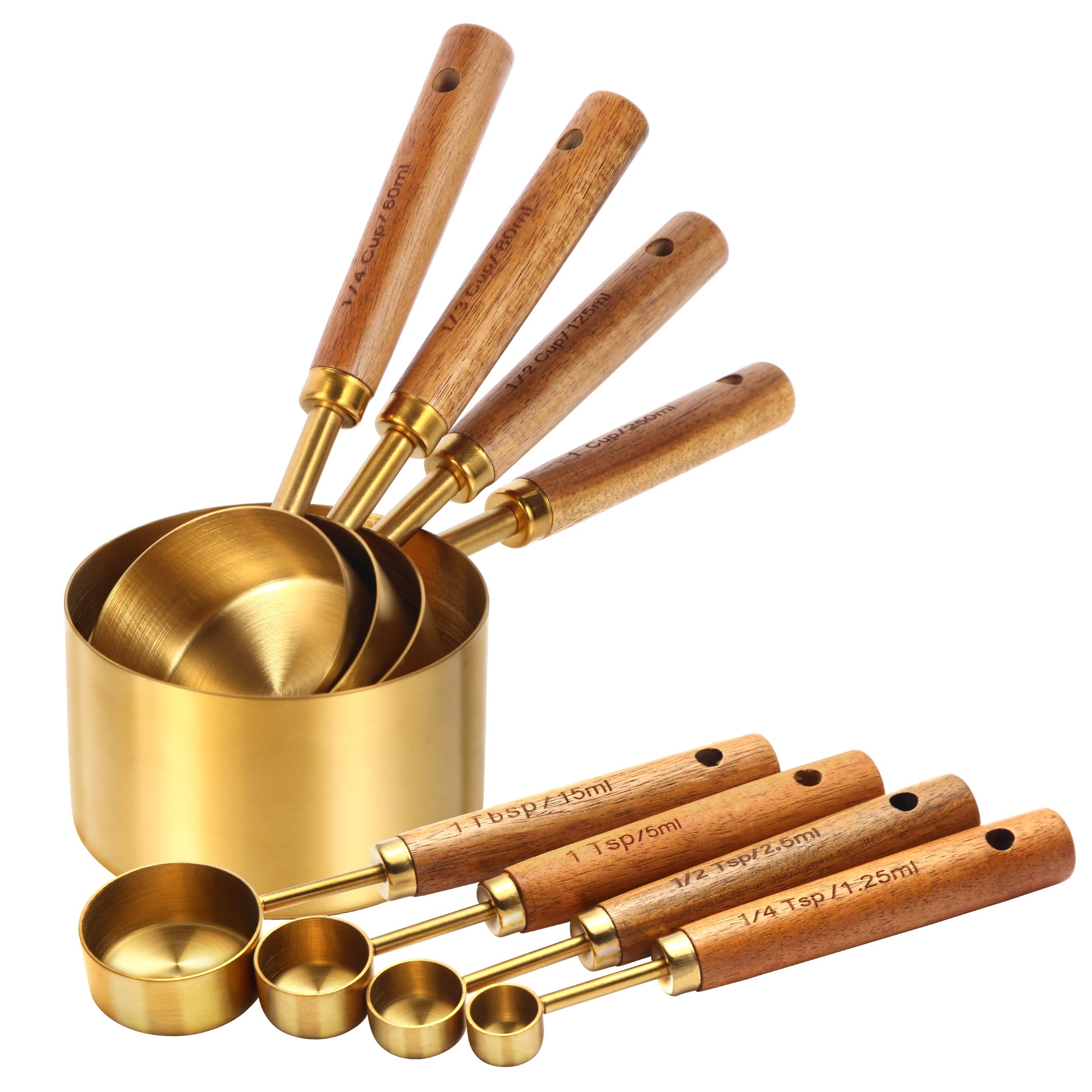 Riqwm Iro gold measuring cups with wood handles, top view highlights premium craftsmanship for precise measurements.