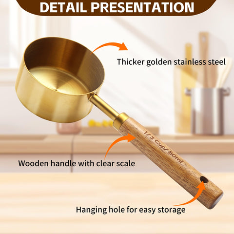Riqwm Iro gold measuring spoons with wood handles, precise lightweight design for accurate measures.