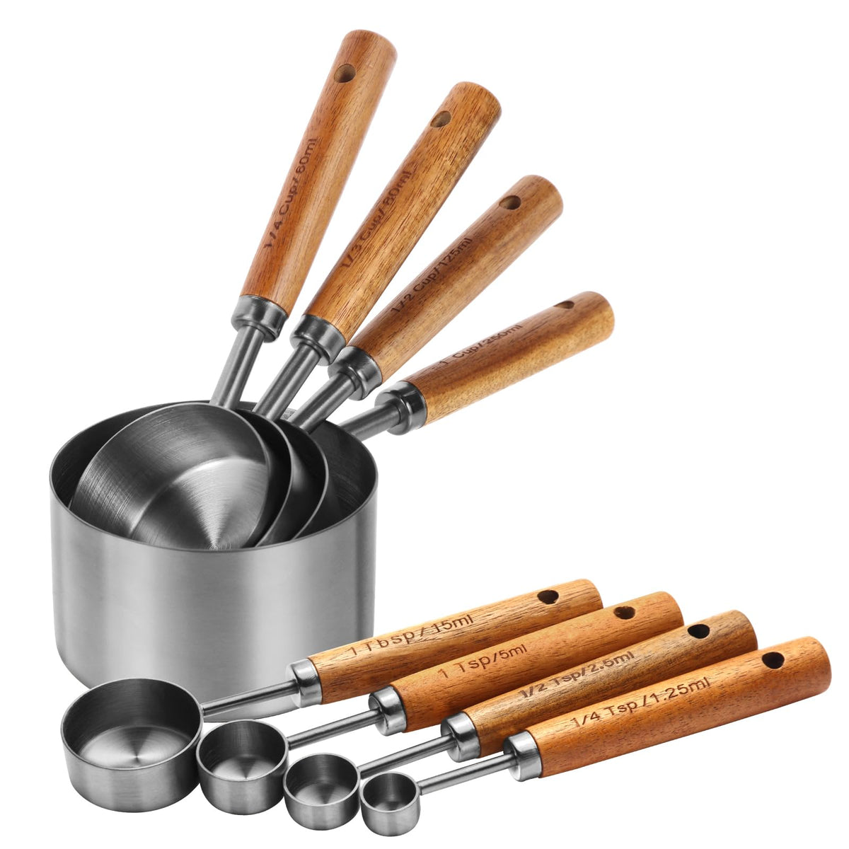 Riqwm Iro measuring cups with wooden handles for precise, comfortable measurements.