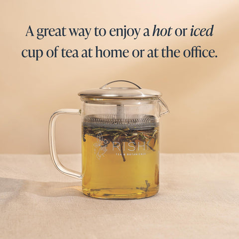 Rishi Tea Simple Brew teapot borosilicate glass shows the infusion color.