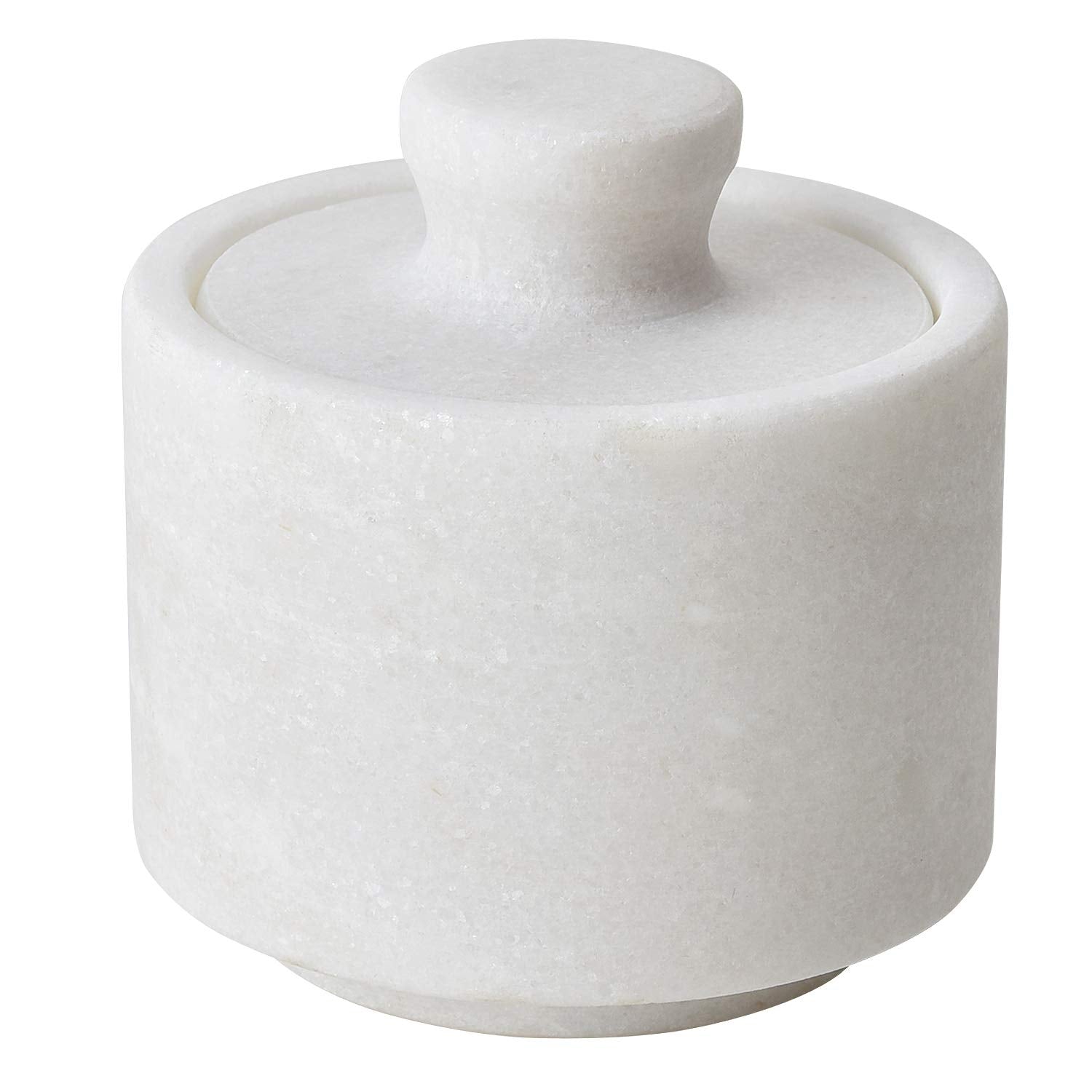 Rissetree white marble salt cellar keeper with lid, front view for elegant countertop storage.