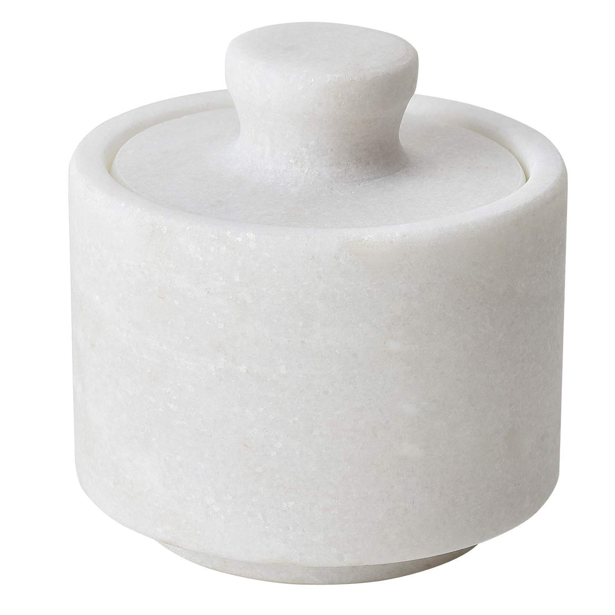 Rissetree white marble salt cellar keeper with lid, front view for elegant countertop storage.