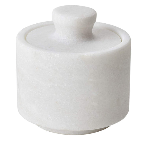 Rissetree white marble salt cellar keeper with lid, front view for elegant countertop storage.