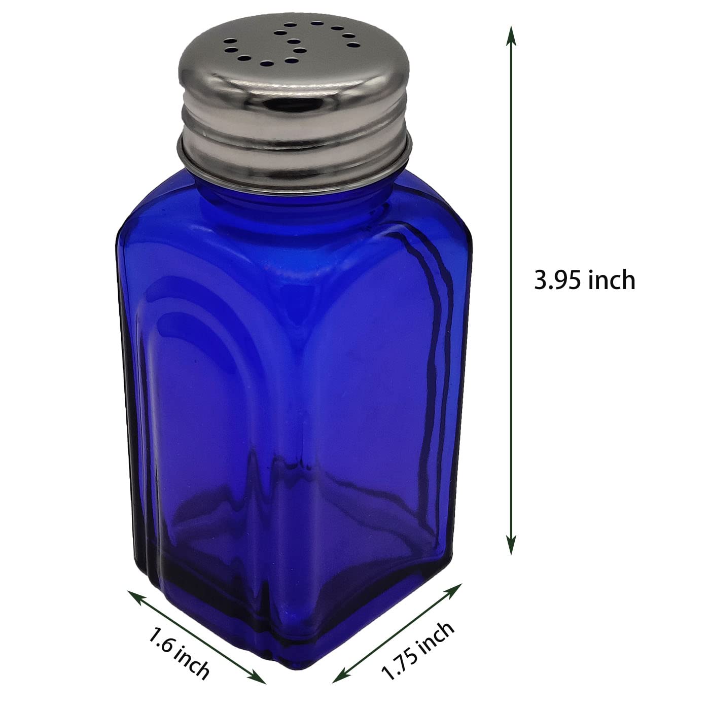 Ritadeshop cobalt glass shakers with stainless lids for durable, spill-free seasoning.