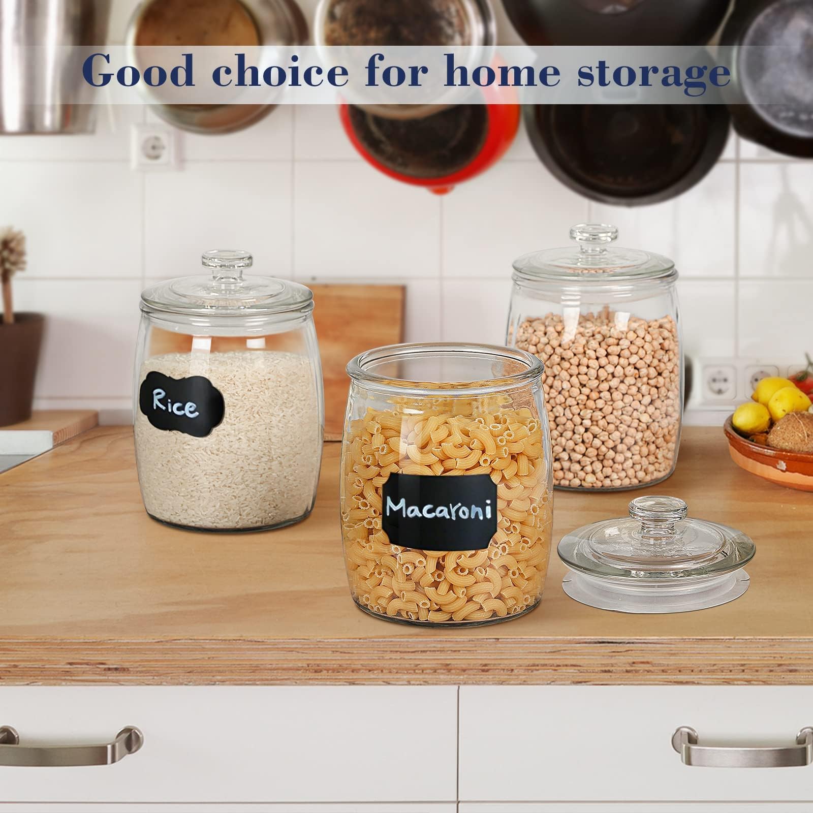 Ritayedet glass canisters for kitchen storage and laundry organization.