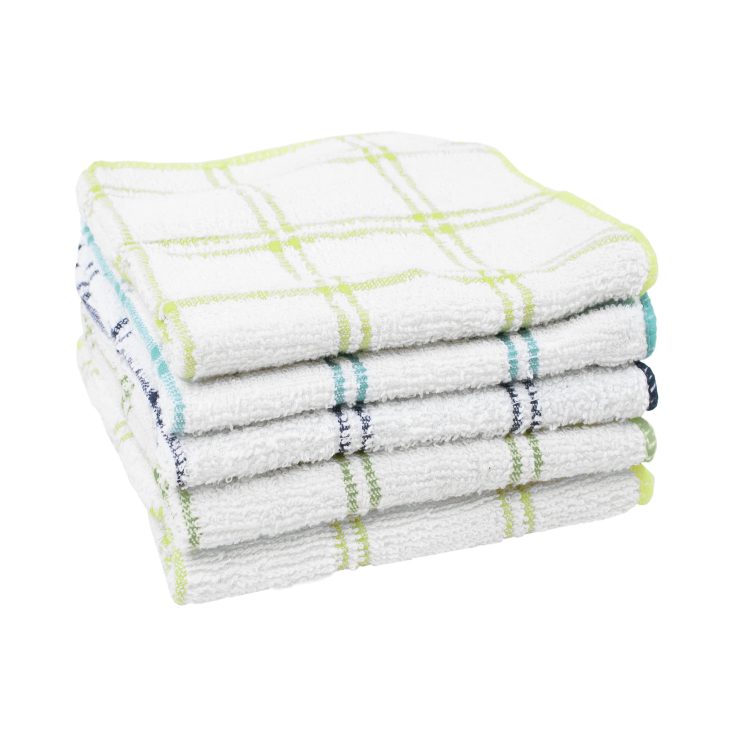 Ritz check cotton dish towel with poly scour back for gentle cleaning on surfaces.