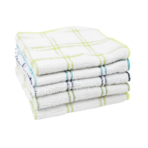 Ritz check cotton dish towel with poly scour back for gentle cleaning on surfaces.