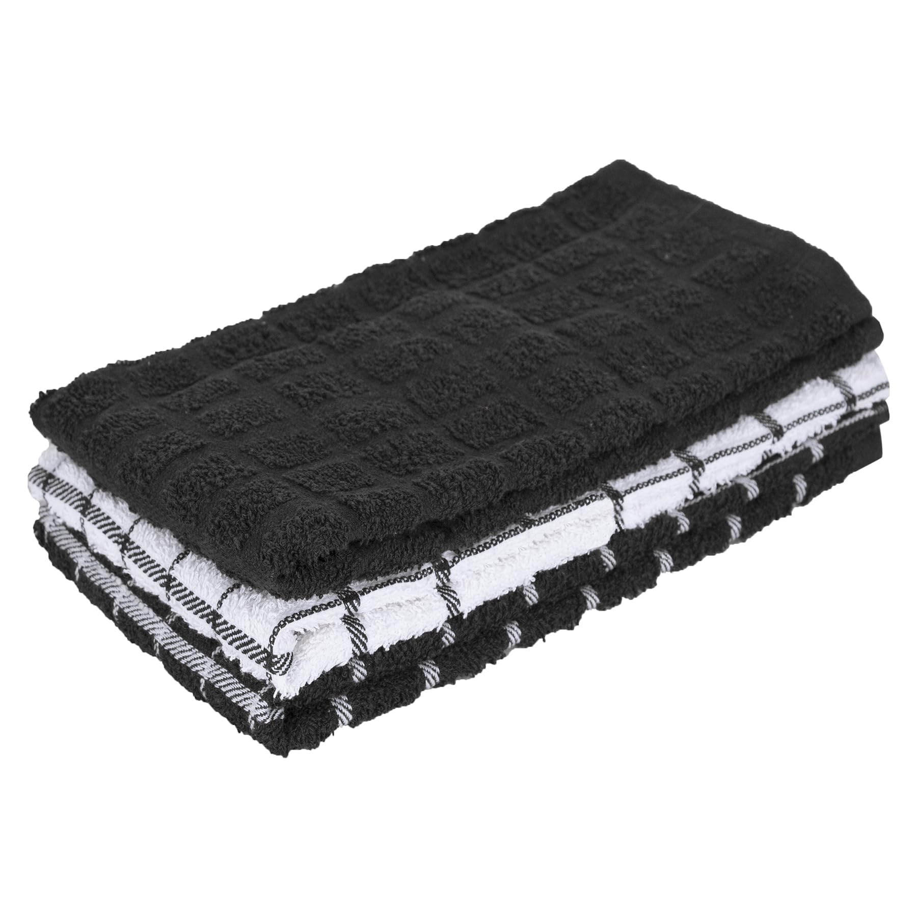 Ritz premium cotton terry check towels in black, three-pack, highly absorbent for kitchen tasks