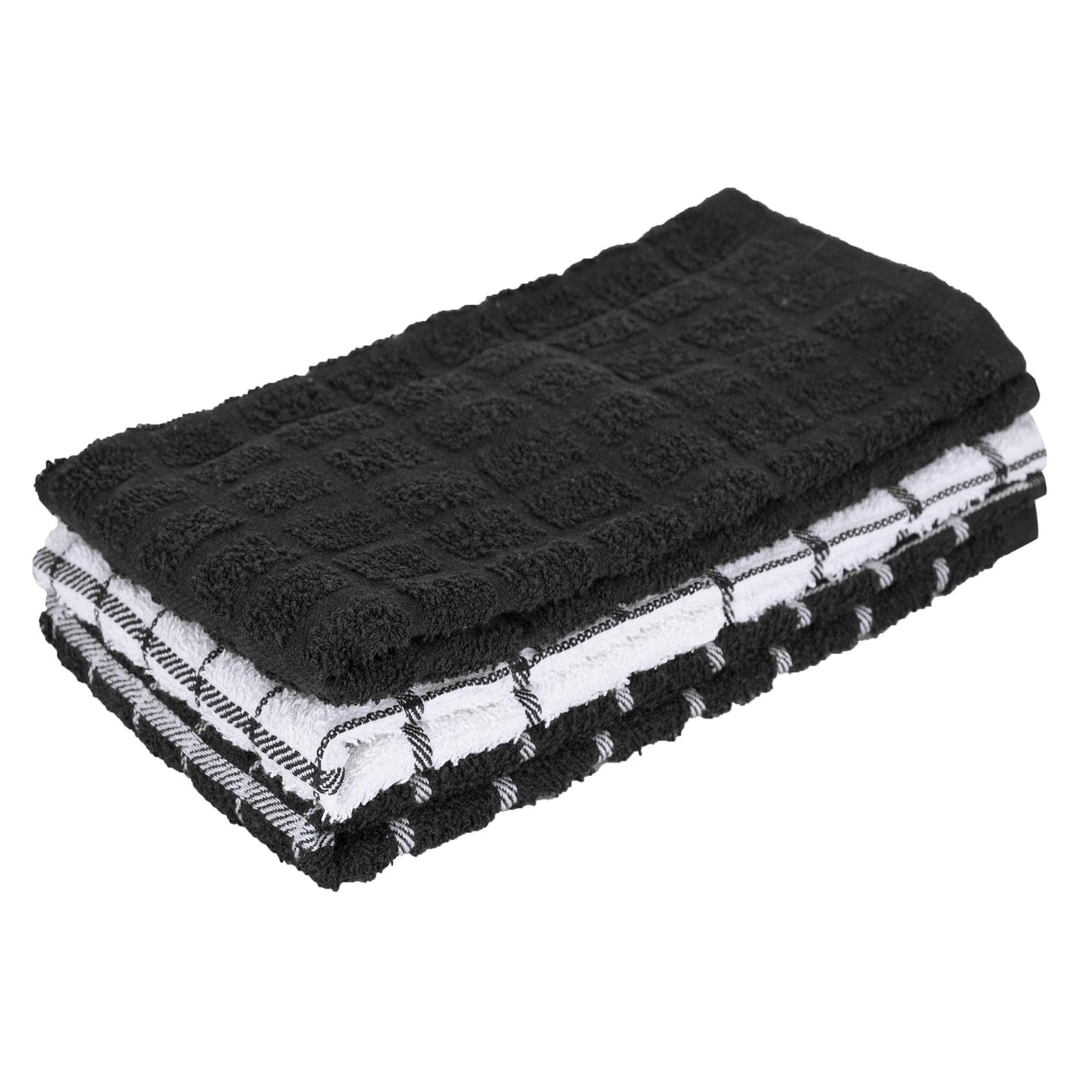 Ritz premium cotton terry check towels in black, three-pack, highly absorbent for kitchen tasks
