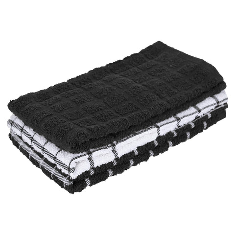 Ritz premium cotton terry check towels in black, three-pack, highly absorbent for kitchen tasks