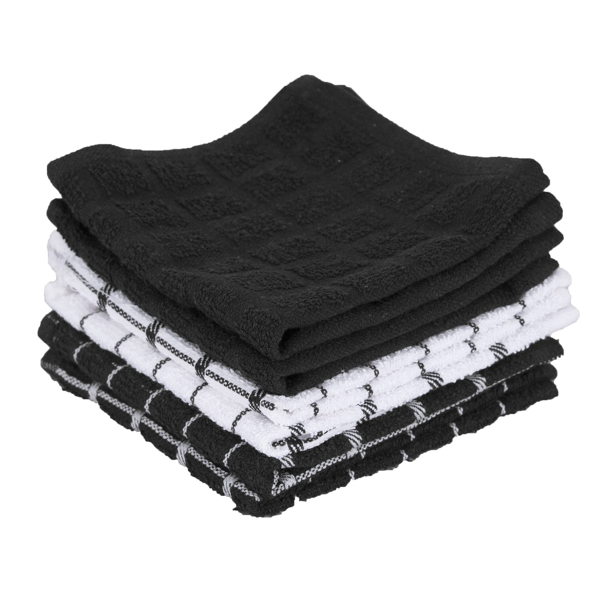 Ritz Premium cotton terry dishcloths in black 6-pack on counter for quick dish drying.