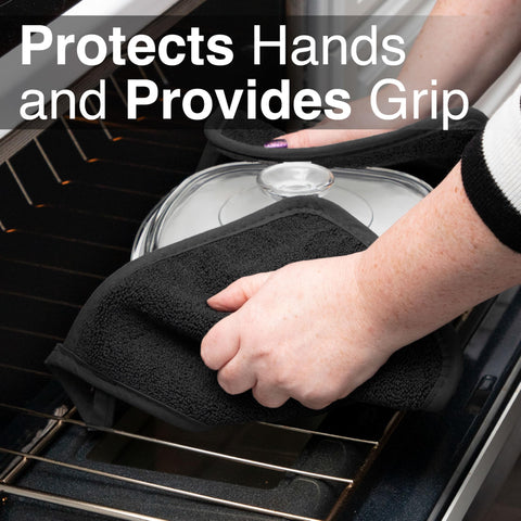 RITZ potholder-black hanging loop keeps it within reach on the kitchen rack.