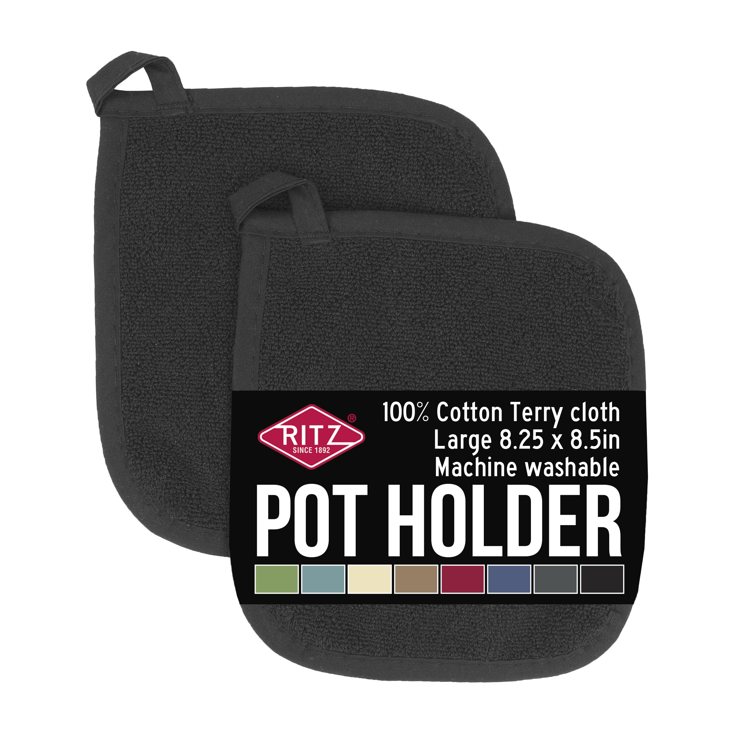 RITZ Terry potholder two-pack in black, ideal for safe handling of hot cookware.