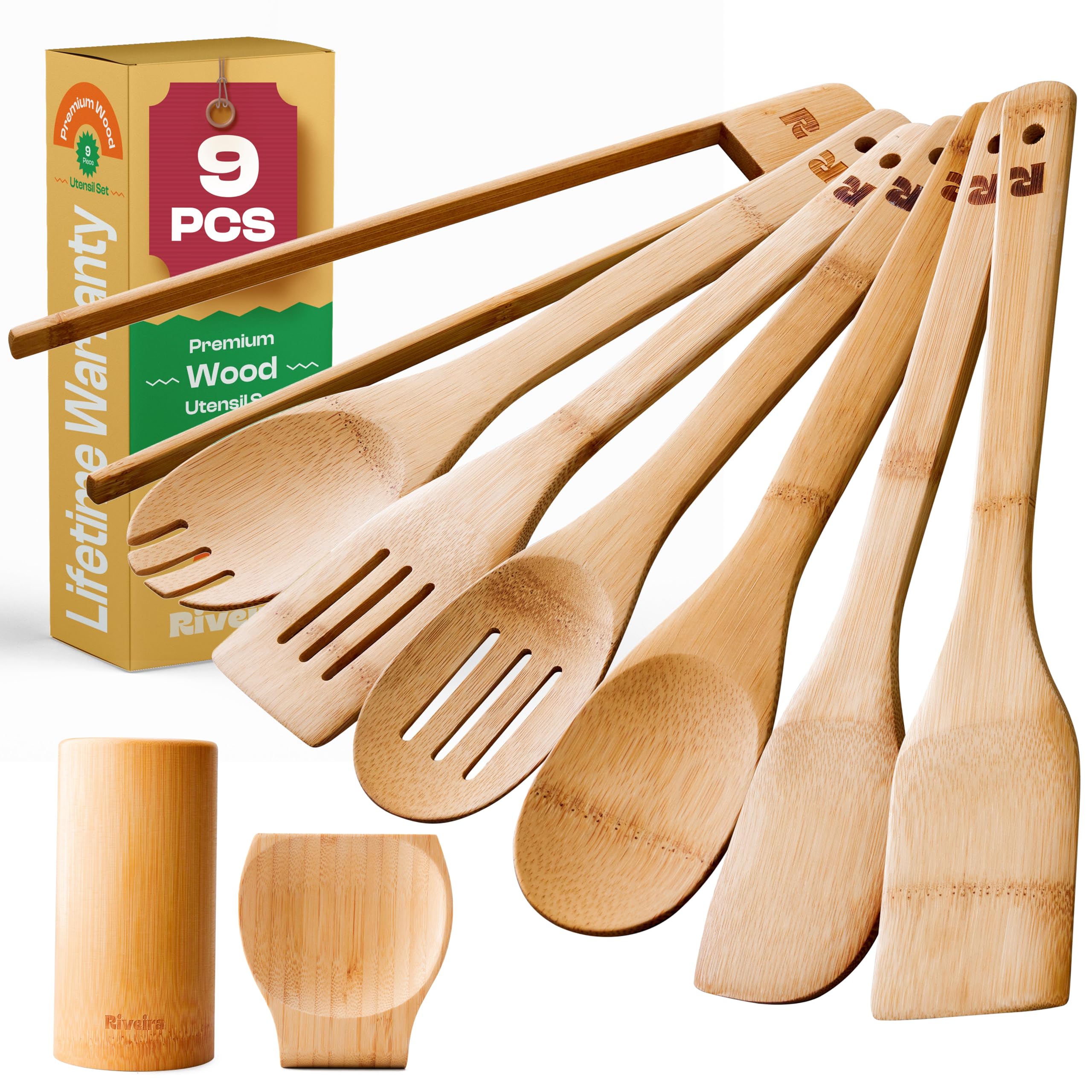 Riveira bamboo spoons collection with holder for organized kitchen storage