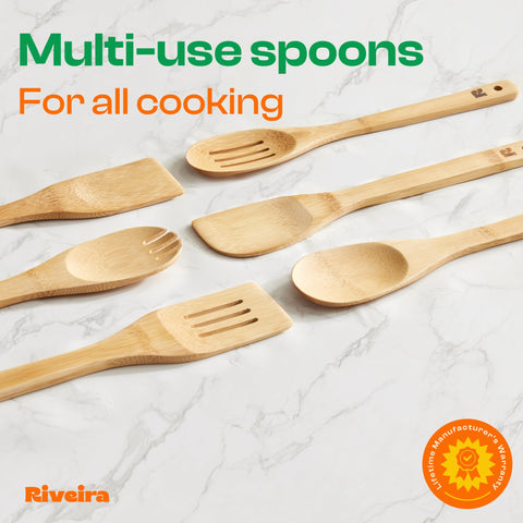 Riveira bamboo spoons turner and spatula in action for flipping