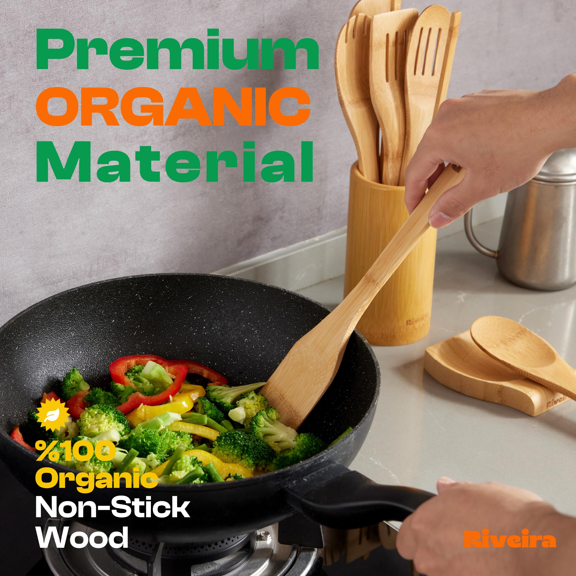 Riveira bamboo spoons slotted and solid in use for versatile tasks