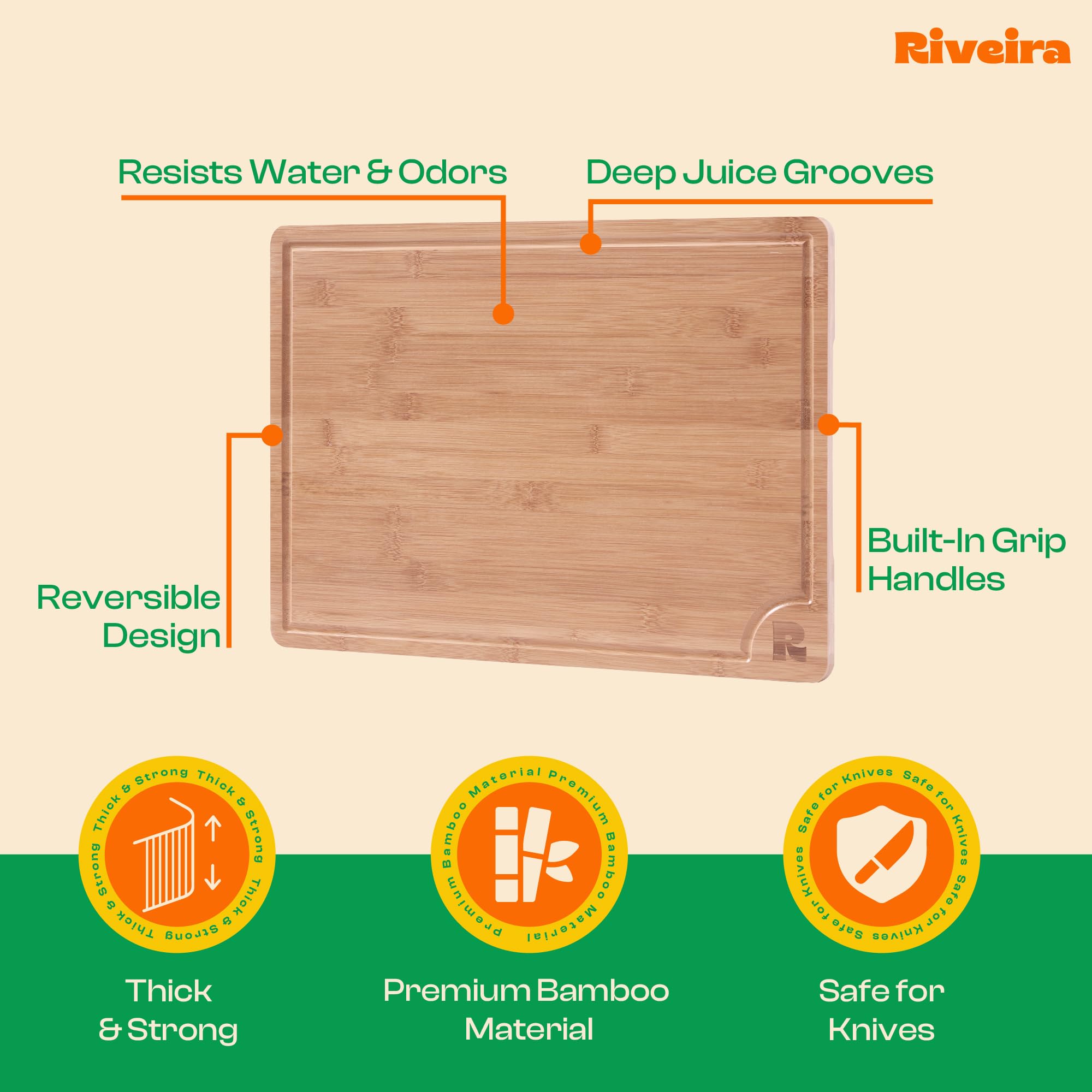 Riveira brown bamboo cutting board shown as stylish serving platter