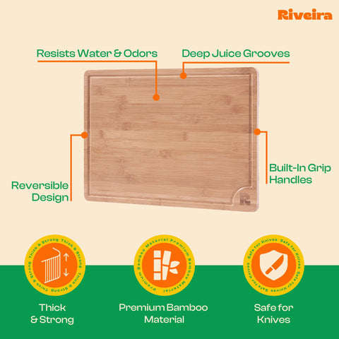 Riveira brown bamboo cutting board shown as stylish serving platter