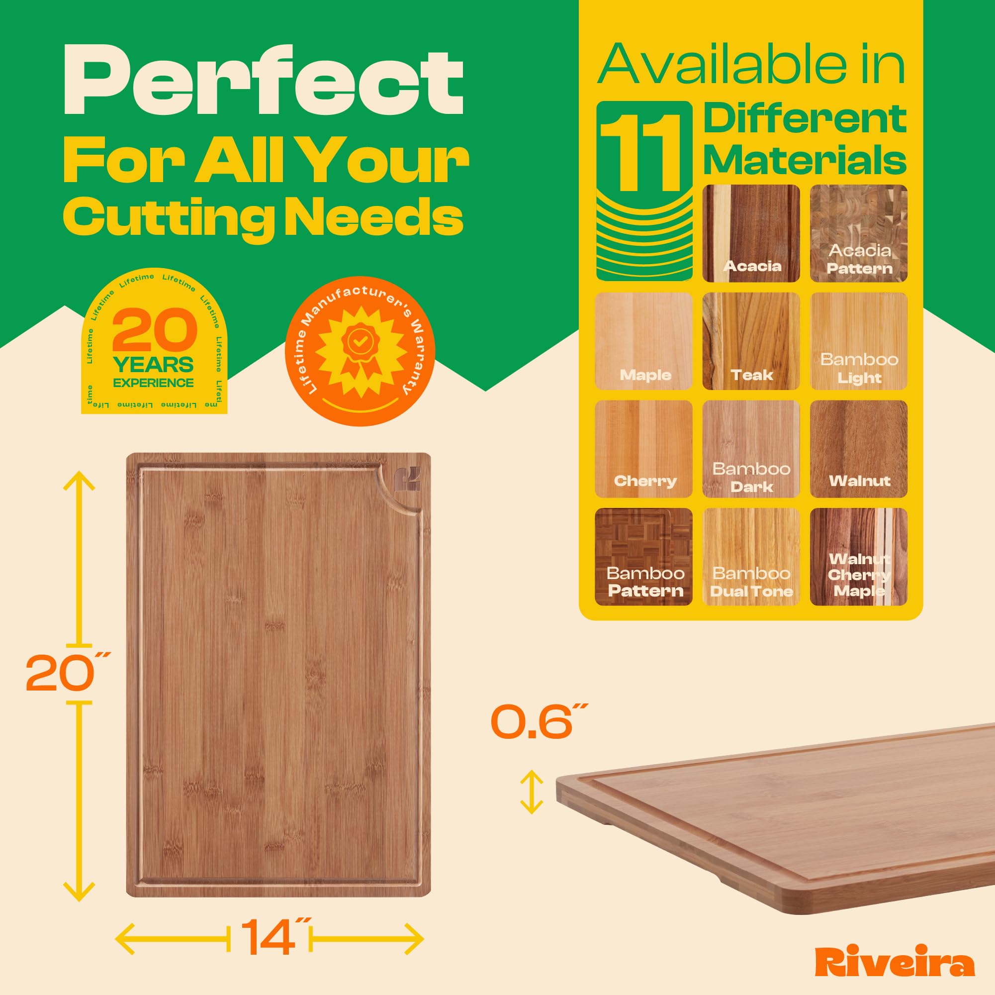 Riveira bamboo cutting board with juice grooves holds liquids to prevent spills