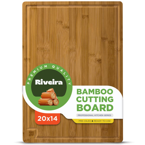 Riveira brown bamboo cutting board top view highlights a generous prep surface for daily meals