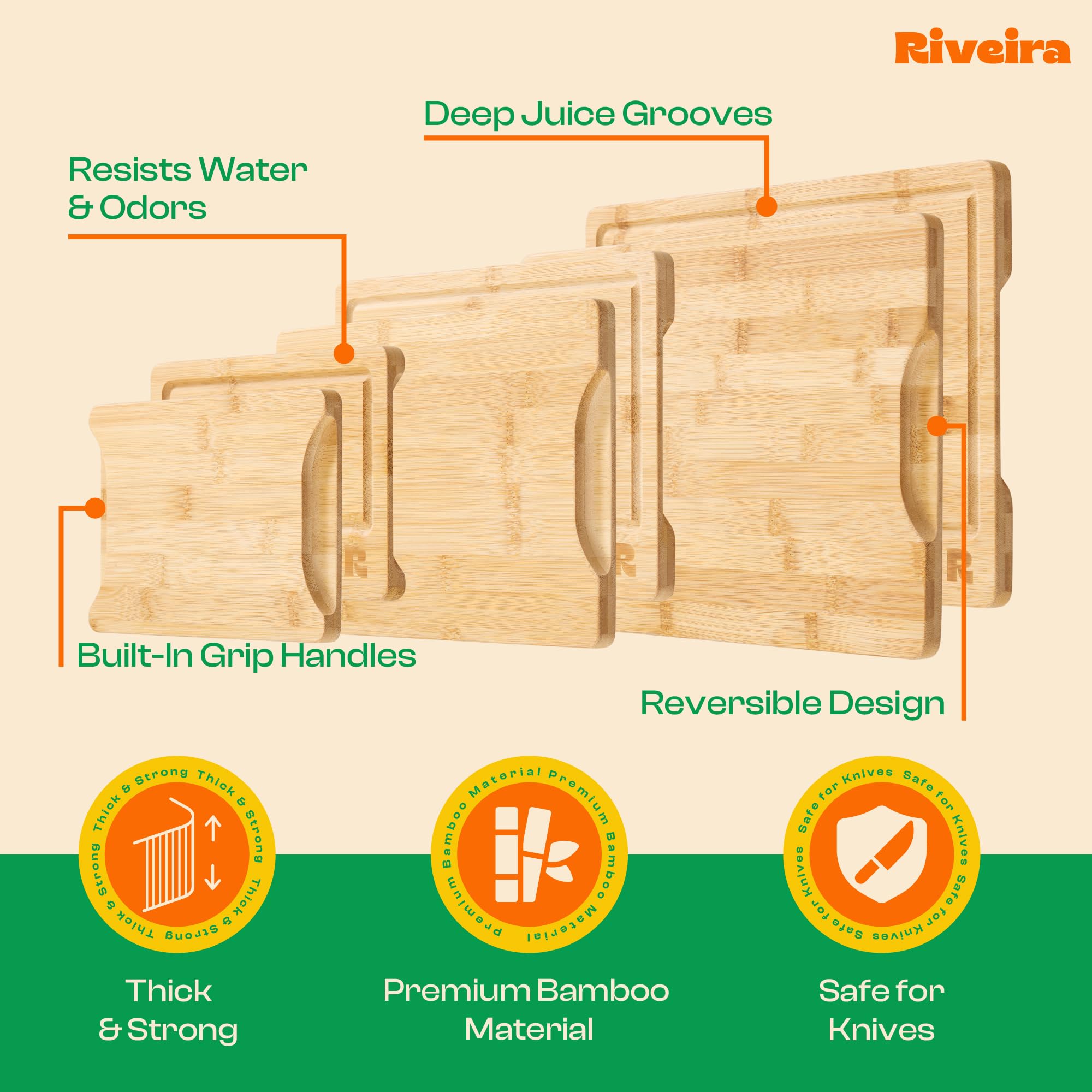 Riveira board with juice grooves catches drips and keeps counters clean