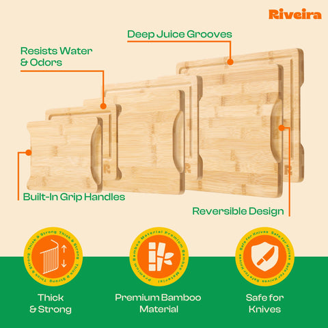 Riveira board with juice grooves catches drips and keeps counters clean