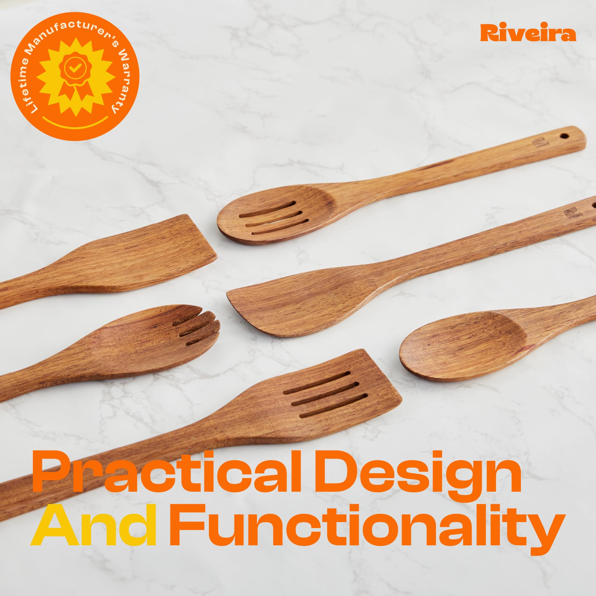 Riveira heat-resistant teak utensils designed for high-heat cooking tasks.
