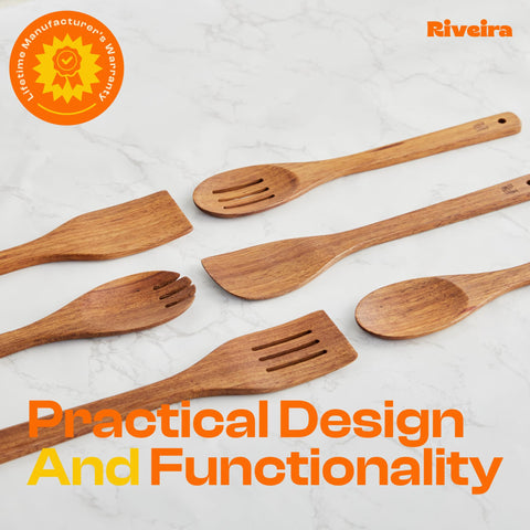 Riveira heat-resistant teak utensils designed for high-heat cooking tasks.