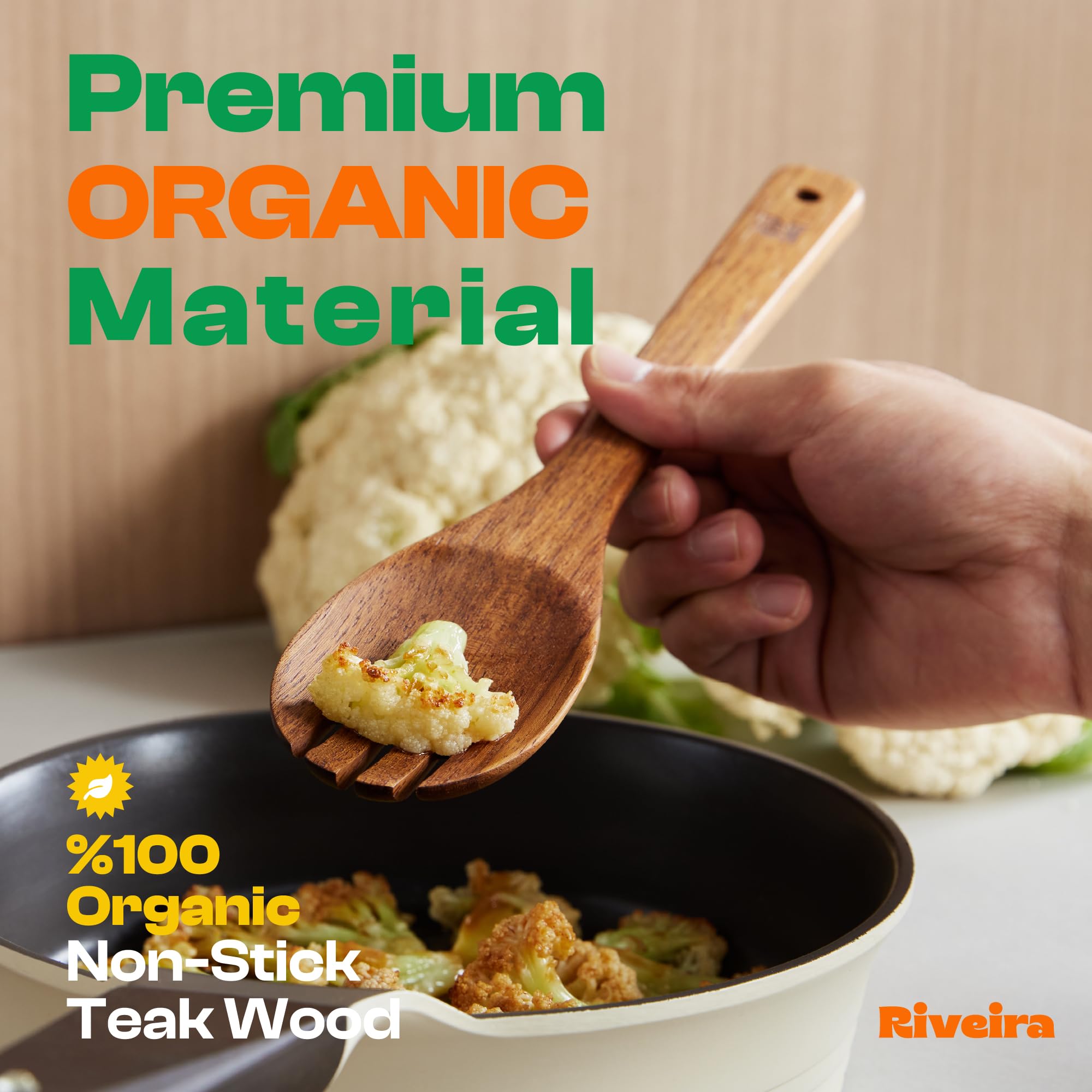 Riveira teak spatula for cooking with smooth edge to reduce sticking on non-stick pans.