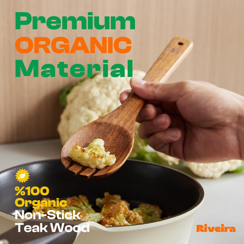 Riveira teak spatula for cooking with smooth edge to reduce sticking on non-stick pans.
