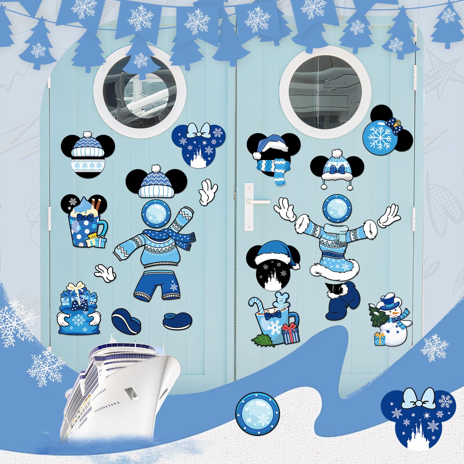 RiVolTa snowflake snowman magnet close-up, enhances holiday spirit on refrigerators or stateroom doors.