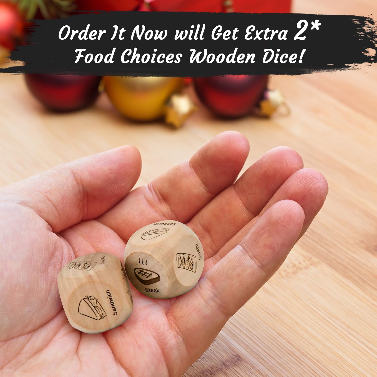 RIYA wooden food-choice-dice to decide meals with humor.