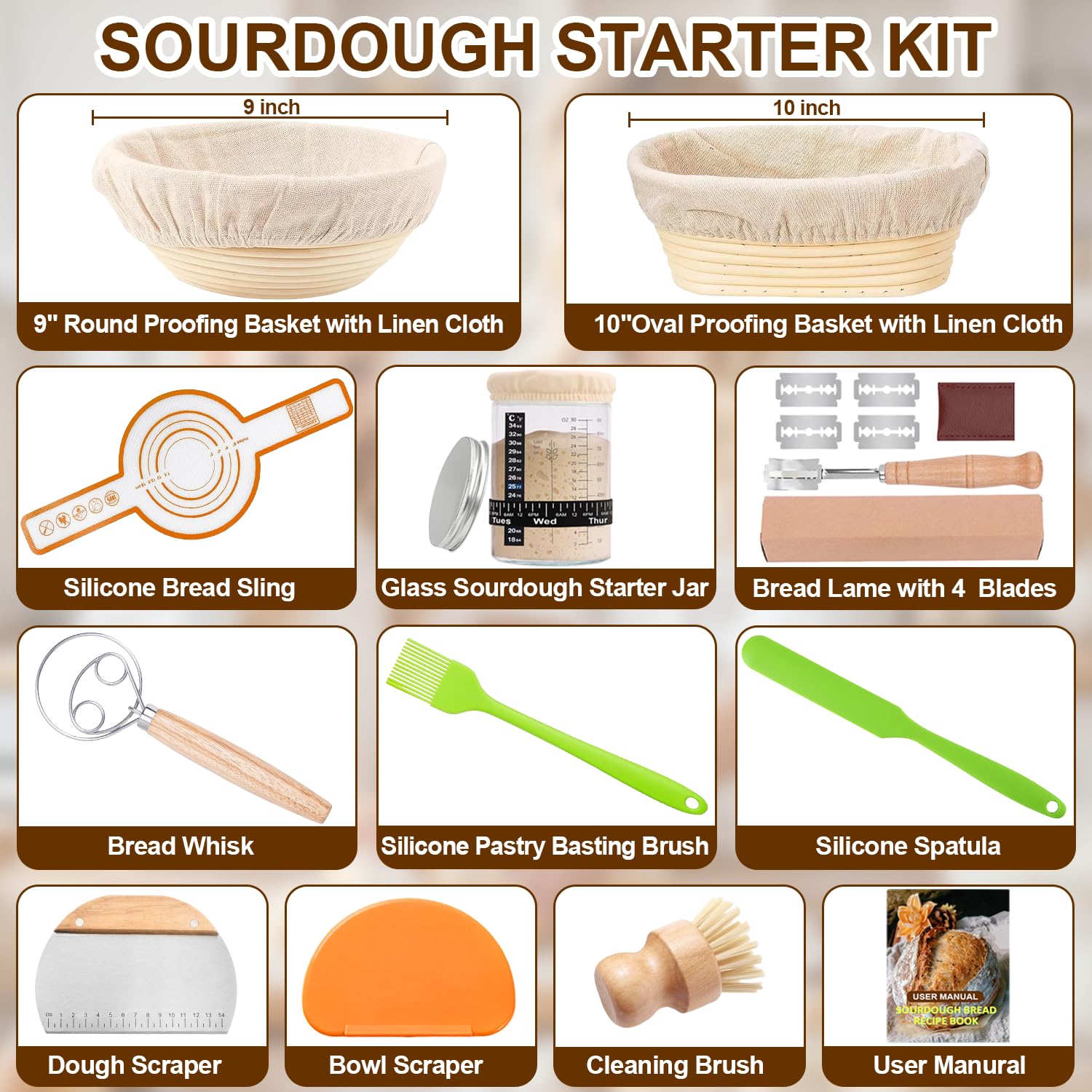 RIZENCE sourdough starter kit with round proofing basket for even fermentation