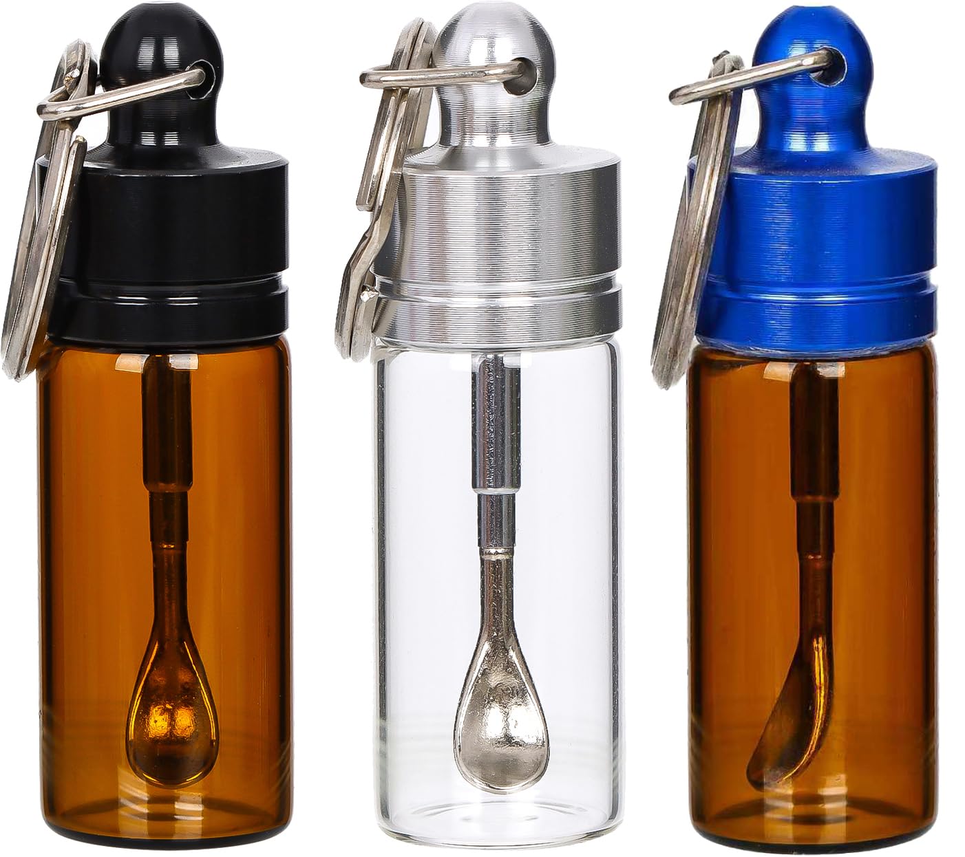 RLFDAE 3-pack mini glass containers with spoons on a keychain for on-the-go organization.