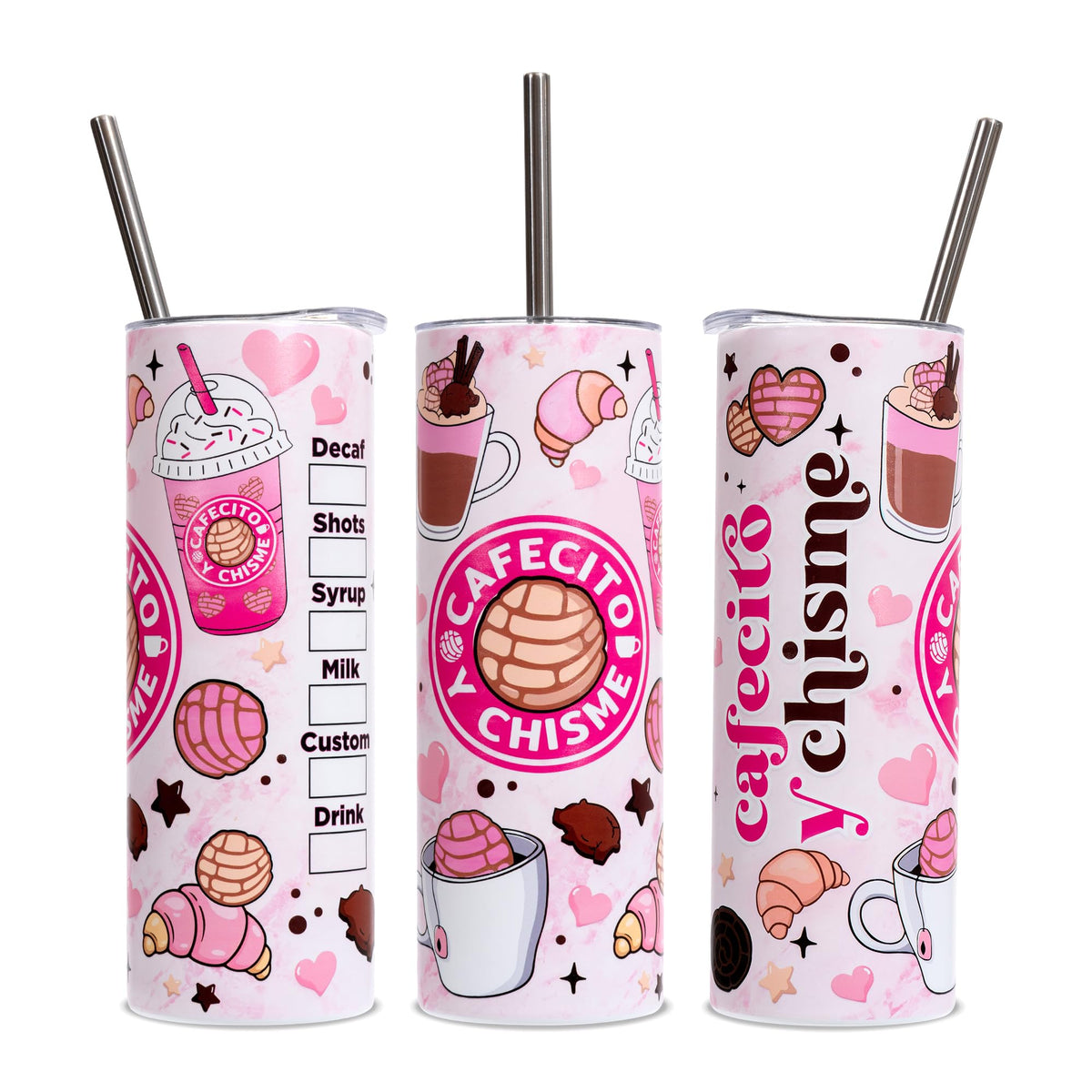 Rmeosye Cafecito tumbler with lid and straw, ideal for on-the-go coffee, keeps drinks secure.