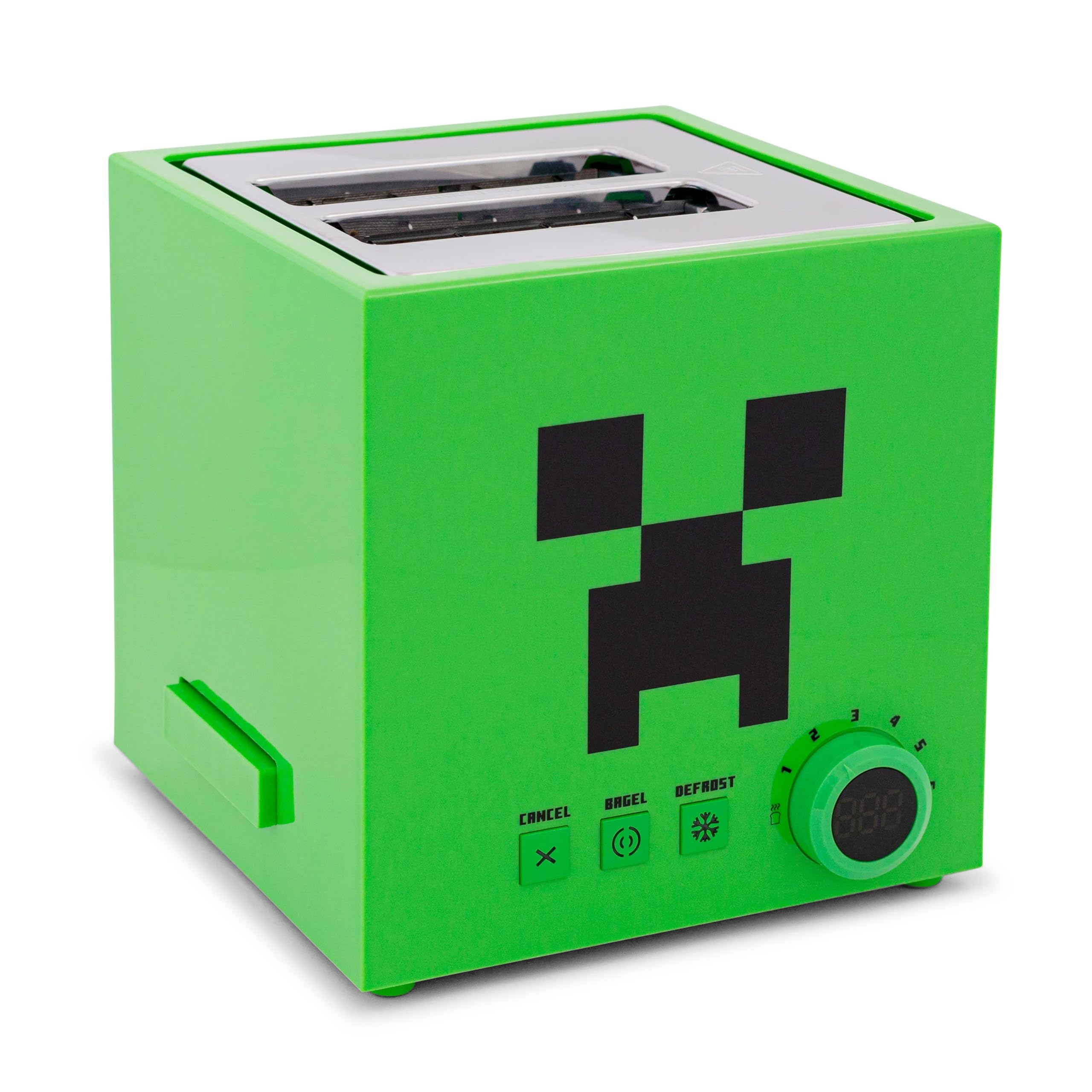 Robe Factory Minecraft Green Creeper toaster front view showing compact design for small kitchens