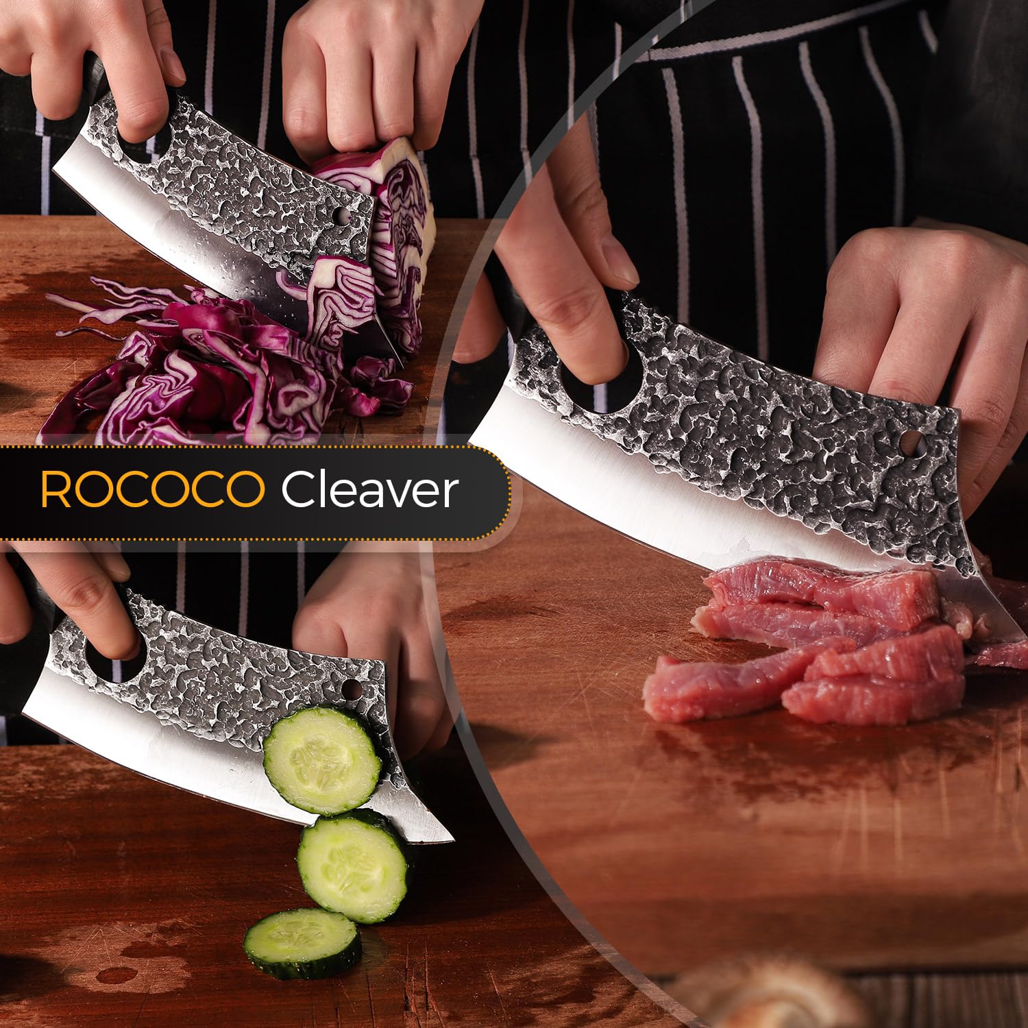 ROCOCO full-tang wood handle provides balanced grip.