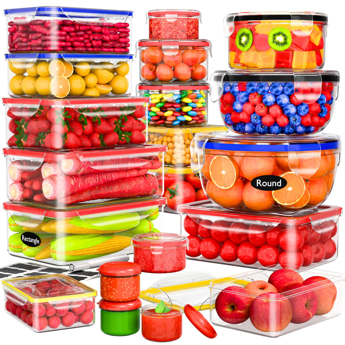 RockBerry 40-pcs set with rectangular and round containers for organized pantry storage.